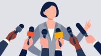 Many hands of journalists with microphones.. Flat vector illustration.
